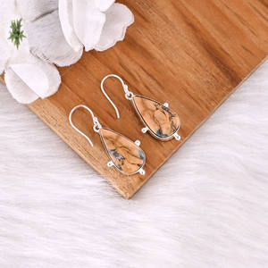 Boucles d'oreilles classiques en jaspe Malinga, plaquées argent, en laiton, pendantes, style tendance, boucles d'oreilles en laiton pour mariages et fêtes - Product Image 2