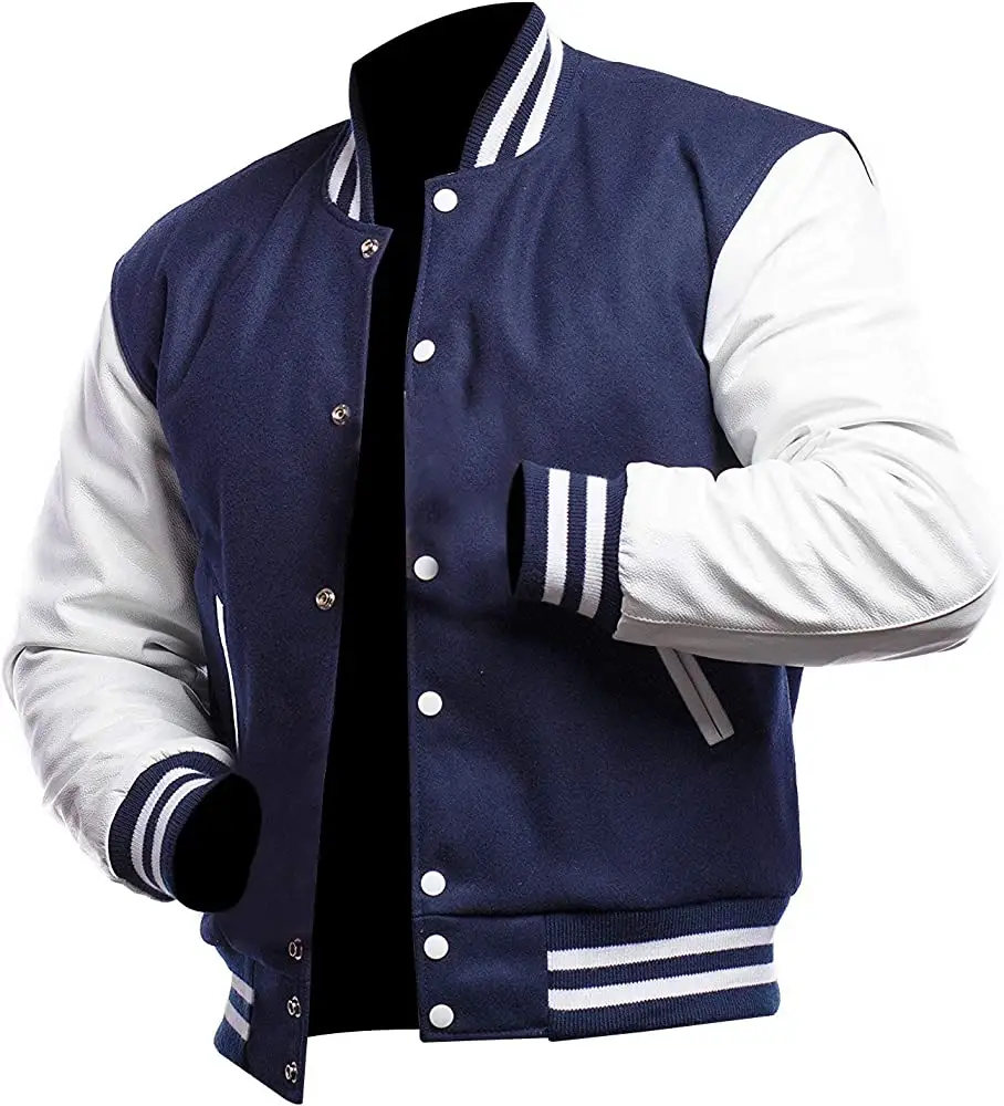 Top Sale Work Uniform Bulk Navy Blue Varsity Jackets Color block Leather Sleeves Custom Contrast Letterman Varsity Jacket