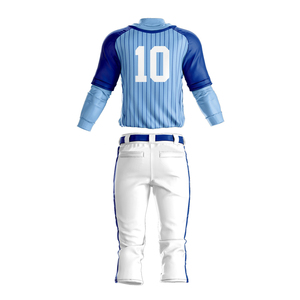 Men Baseball Uniform Set Light Blue Striped Jersey <b>White</b> Pants Full Sleeve <b>Button</b> Closure Breathable Polyester Adult Front - Product Image 2