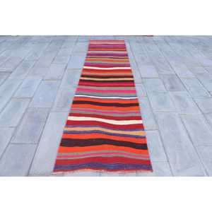 Turkish <b>Runner</b> Rug 2.8x10.8 ft, Vintage Kilim <b>Red</b> Ikat Wool Rug - Product Image 1