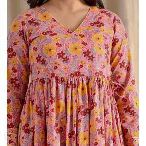 Vestido Largo Angrakha Rosa con Estampado Jaal, Elegante, Cintura Imperio, Impresión Digital, 100% Algodón, Largo hasta el Suelo, Talla XL, para el Día - Product Image 2