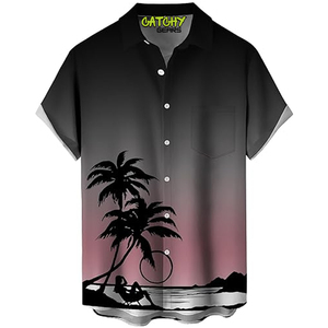 Camisa Hawaiana de rayón de poliéster con estampado digital abotonada y cuello personalizado para hombre - Product Image 1