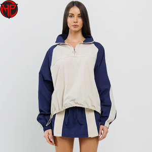 Ensemble de survêtement pull à demi-fermeture éclair personnalisé pour femmes Nylon Jogging haut court coupe-vent veste grande taille deux pièces ensemble court - Product Image 1
