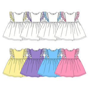 Précommande : Robe en coton doux et extensible <span class=keywords><strong>pour</strong></span> petites filles, manches volantées, printemps-été, longueur genou, personnalisable - Product Image 1