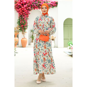 Robe Hijab Rose en Mousseline de Soie de Haute Qualité, Imprimé Floral Semi-Boutonné, Taille Empire, Simple, Élégante et Modeste, Idéale pour les Fêtes, en Soie - Product Image 4