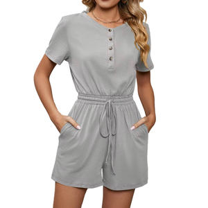 Combinaisons pour femmes pour l'été, combinaison courte à manches courtes, boutonnée, avec poches, tenues de plage pour les vacances - Product Image 6