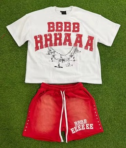 Chándal de algodón 100% para hombre, fabricante de camisetas y pantalones cortos con estampado de pantalla, conjunto de punto de algodón transpirable, camiseta para correr al por mayor - Product Image 2
