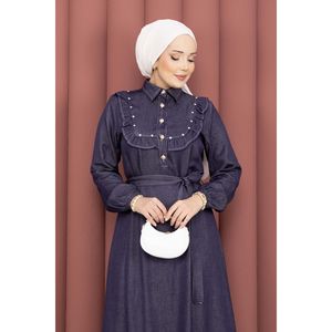 Robe en denim Tencel bleu marine avec col à volants, style chemise décontractée semi-boutonnée, manches courtes, plissée, pour l'été - Product Image 2