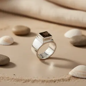 Men's Handmade <b>Boho</b> Statement <b>Ring</b> 925 <b>Silver</b> with Smoky Quartz Square Topaz Stone Cut Princess Cut Platinum Jewelry for Lovers - Product Image 2