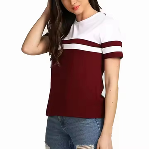 เสื้อยืดผู้หญิงคุณภาพสูง สีขาวและสีแดงเลือดหมู ลายบล็อก ผลิตในปากีสถาน ผ้าโพลีเอสเตอร์/คอตตอน ราคาสมเหตุสมผล MOQ ต่ำ รับสกรีนโลโก้ - Product Image 4