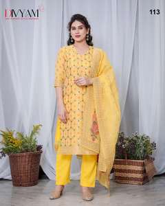 Dernière tenue de créateur Style moderne Haute sur demande Belle tenue Chanderi Cotton Kurti Pant & Dupatta Print Work Fore Sale - Product Image 4