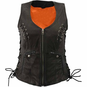 Nouveauté : Gilet sans manches en cuir véritable noir pour femme, orné de strass, style vintage, avec fermeture éclair et boutons, imperméable et coupe-vent. - Product Image 1