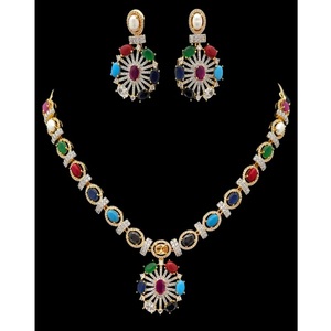 Elegante y Glamuroso Juego de Collar y Aretes con Zirconia Cúbica y Acabado en Oro Blanco, Estilo Navratana, para Mujer, Regalo para Bodas y Fiestas - Product Image 1