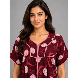 Evolove Skin Friendly Printed Front Zip Nightgown Dark Maroon Breathable Spandex Summer Sleepwear 3XL - Product Image 2
