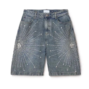 Custom High Quality <b>Baggy</b> Denim Shorts for Men 100% Cotton Distress Patchwork Denim <b>Jorts</b> Streetwear <b>Jorts</b> with Man Rhinestone - Product Image 1