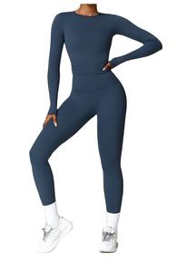 Ensemble de yoga personnalisé pour femmes, haut court à manches longues et pantalon, tenue de yoga respirante, contraste de couleurs, tenue de fitness, service OEM - Product Image 2