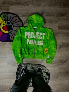 Sudadera con capucha desgastada personalizada con apariencia de lavado vintage ácido, apliques con cremallera y diamantes de imitación, ropa de calle de lana para hombre para invierno - Product Image 5