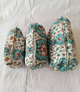 Eco-Friendly for <b>Bag</b> for Women Indian Lotus Hand Block Printed Traveling <b>Makeup</b> Pouches Cotton <b>Quilted</b> Zipper - Product Image 3