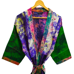 Patchwork Kimono Robe Bikini Cover Up Night Wear Long Robe, hecho a mano indio Vintage reciclado seda Sari Kimono, - Product Image 1