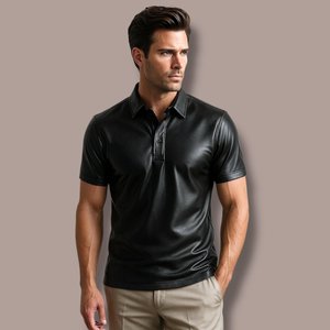 เสื้อโปโลหนังสีดำผู้ชายแขนสั้นเสื้อพอดีตัวลำลอง - Product Image 3