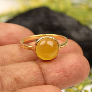 Bague en forme de pierre précieuse ronde de 10mm en calcédoine jaune naturelle en argent sterling 925 plaqué or 18 carats bijoux pour femmes en vermeil d'éternité - Product Image 3