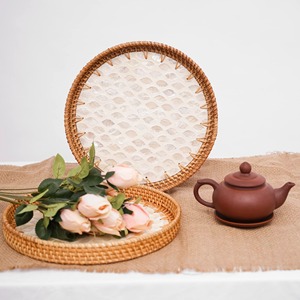 Nouvelle arrivée deluxe osier mosaïque motif floral plateaux meilleure qualité décoratif rotin nacre plateau - Product Image 6