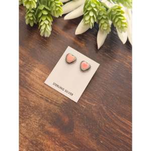 Larson Chee Pink Conch & Sterling Silver <b>Post</b> Heart Stud <b>Earrings</b> with Diamond 14K Gold Rose Gold Bezel Setting - Product Image 3