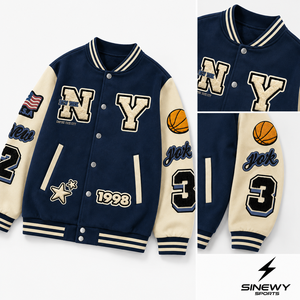 SINEWY SPORTS <b>Men's</b> Navy Blue Varsity <b>Jacket</b> Embroidered NY Letter Patch Design Preppy Style <b>Baseball</b> <b>Jacket</b> Autumn Wear - Product Image 3