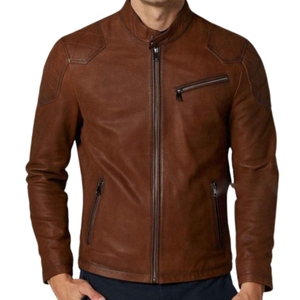 Chaqueta de motorista de cuero marrón con estilo para hombre, camisa estilo cuello y puños, dobladillo abierto, chaqueta de cuero totalmente personalizada para hombre - Product Image 2