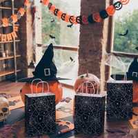 Tas Kado Kertas Jaring Laba-laba Halloween dengan Pegangan, Tas Belanja Hitam untuk Souvenir Pesta, 24 Pcs untuk Kemasan Hadiah