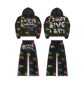 Personalizable con el nombre de su marca, conjunto completo de chándal con cremallera Unisex con pantalones de pierna ancha, ropa de calle estampada gráfica Premium completamente - Product Image 5