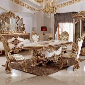 Ensemble de table à manger de luxe Emma de l'hôtel Monarchia, en teck massif, noir et or, sculpté à la main, meubles de palais royal - Product Image 2
