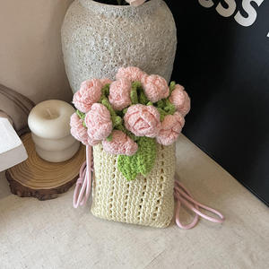 Crochet <b>Sweet</b> Woven Finished <b>Flower</b> Mobile Phone Bag Women's Fashion Crossbody Handmade Shoulder Bag Polyester Drawstring - Product Image 3
