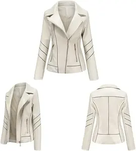 Autumn <b>Women's</b> Custom Designed <b>White</b> Leather <b>Jacket</b> Solid Knitted Pattern Zipper Closure Breathable Sustainable Plain Dyed - Product Image 3