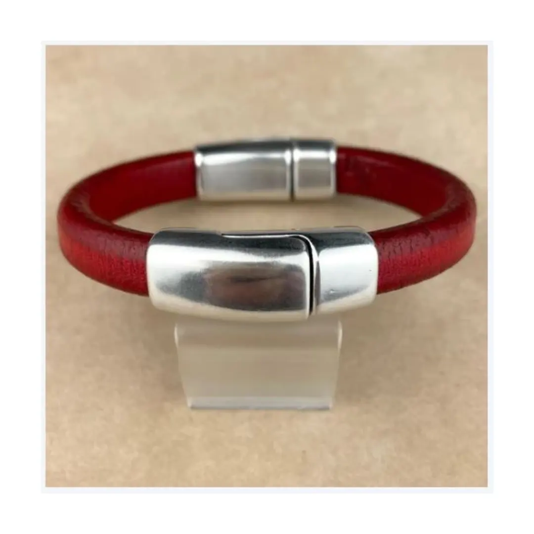 Unisex Distressed Red Leather Cobo Bracelet Double Antique Silver Magnetic Clasps Fashionable Style Available Best Price