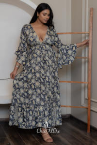 New 2024 Latest Floral Printed Bell Sleeve Fit & Flare Maxi <b>Dress</b> Western Party Wear Gown for Women's V-Neckline <b>Summer</b> <b>Dresses</b> - Product Image 2