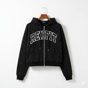 Sweat à capuche noir zippé avec strass sur toute la surface, design de sweat à capuche avec tissu doux, fermeture éclair sur le devant, style à capuche, parfait pour un usage décontracté - Product Image 1
