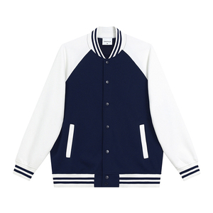 Veste de baseball unisexe en gros, marine/blanc, rayures contrastées, fermeture à boutons pression, logo OEM, veste de baseball unisexe - Product Image 1