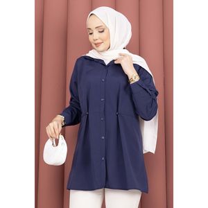 Camisa informal azul marino de popelina con botones ajustables en la cintura, estilo sencillo con un toque elegante - Product Image 2
