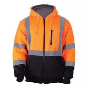 OEM yüksek görünürlük Hoodies özelleştirilmiş turuncu çizgili polar tişörtü Mens iş yansıtıcı güvenlik hoodie