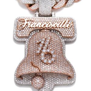 Collar de Lujo con Colgante Campana de la Libertad con Incrustaciones de Moissanita y Letras Francoville, Estilo Hip Hop, Plata de Ley, Chapado en Oro de 18K, Unisex - Product Image 3