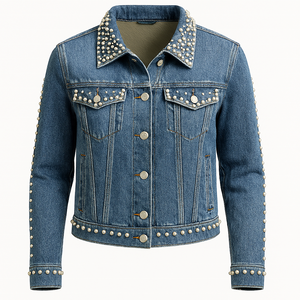 Chaqueta vaquera informal personalizada al por mayor, 100% algodón, jacquard, lavada, con botones, estampado de leopardo, diamantes y dobladillo deshilachado. - Product Image 3