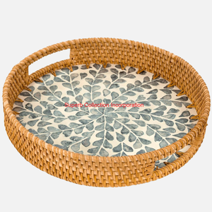 Plateau de service en rotin fait main avec incrustation de nacre verte plateau de Table basse décoratif en osier tissé naturel pour la décoration intérieure - Product Image 5