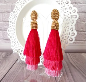 Hot Pink <b>Clip</b> <b>on</b> <b>Earrings</b> Pink Ombre Tiered Silk Beaded Tassel <b>Earrings</b> Statement Stud <b>Earrings</b> - Product Image 2