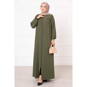 Relaxed Fit Khaki Shirred Modest Dress <b>Abaya</b> - Product Image 4
