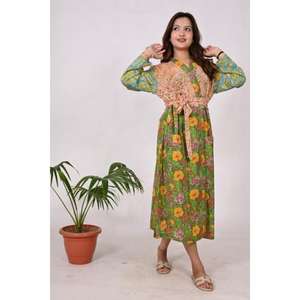 Kimono de retazos indio hecho a mano para mujer, ropa de dormir Bohemia ligera con estampado de algodón de bloque Floral, albornoz para primavera y otoño - Product Image 4