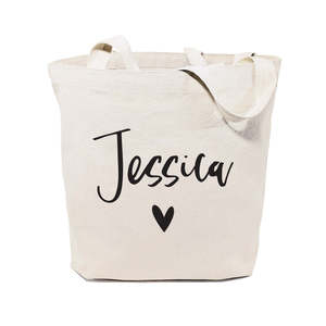 Personalized Open Closure Cotton Canvas Tote Bag with Solid Color Heart Name Pattern - Product Image 1