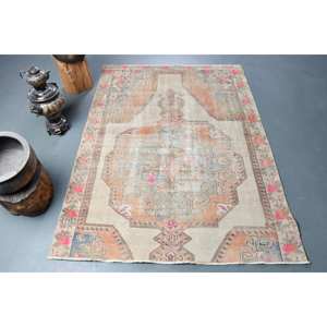 Tapis Turc Vintage Beige Orange 4.2 X 5.6ft Laine Grande Surface Motif Abstrait Rectangle Couloir Modèles Latex Support pour Chambres - Product Image 1