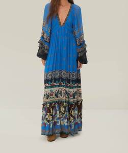 Bohemian V-Neck Chiffon Maxi <b>Dress</b> with Lantern Sleeves Ruffles Floral Print Floor-Length <b>Loose</b> Fit Summer for Women - Product Image 1