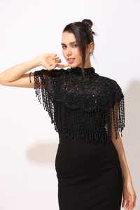 Cape Burlesque élégante avec des paillettes de brins perlés Belle silhouette droite Attache le cou Enveloppe de fête pour les occasions de club - Product Image 5